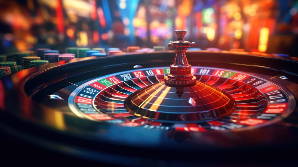 Roulette wheel glimmers amidst bustling casino floor.